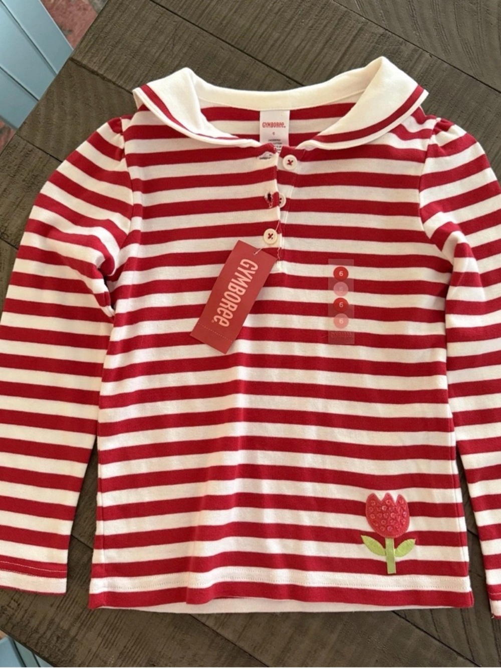 Gymboree Red and White Striped Sailor Collar Long Sleeve Tee with Tulip Appliqué